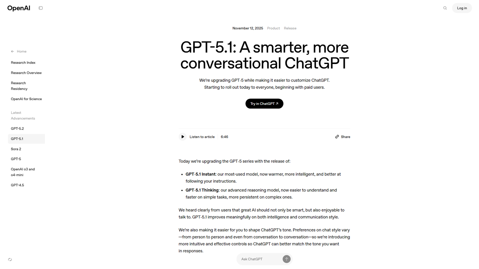 GPT-5.1 Instant and Thinking Screenshot