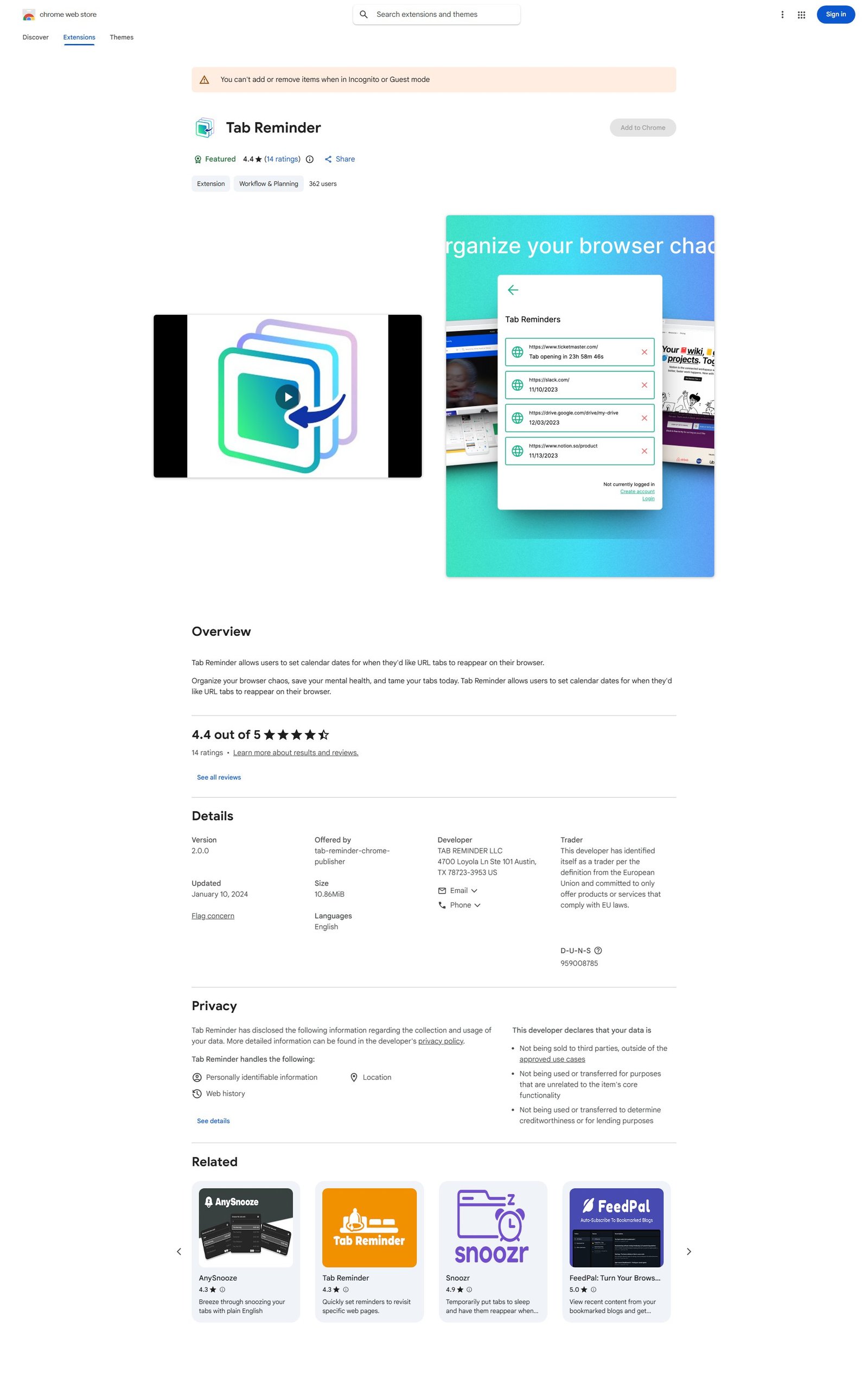 Tab Reminder Screenshot
