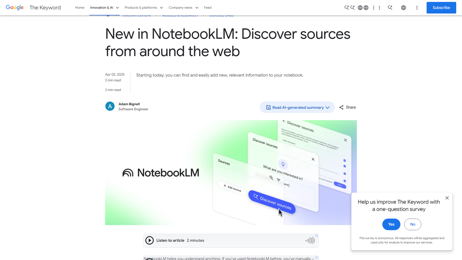 NotebookLM Discover Sources Screenshot