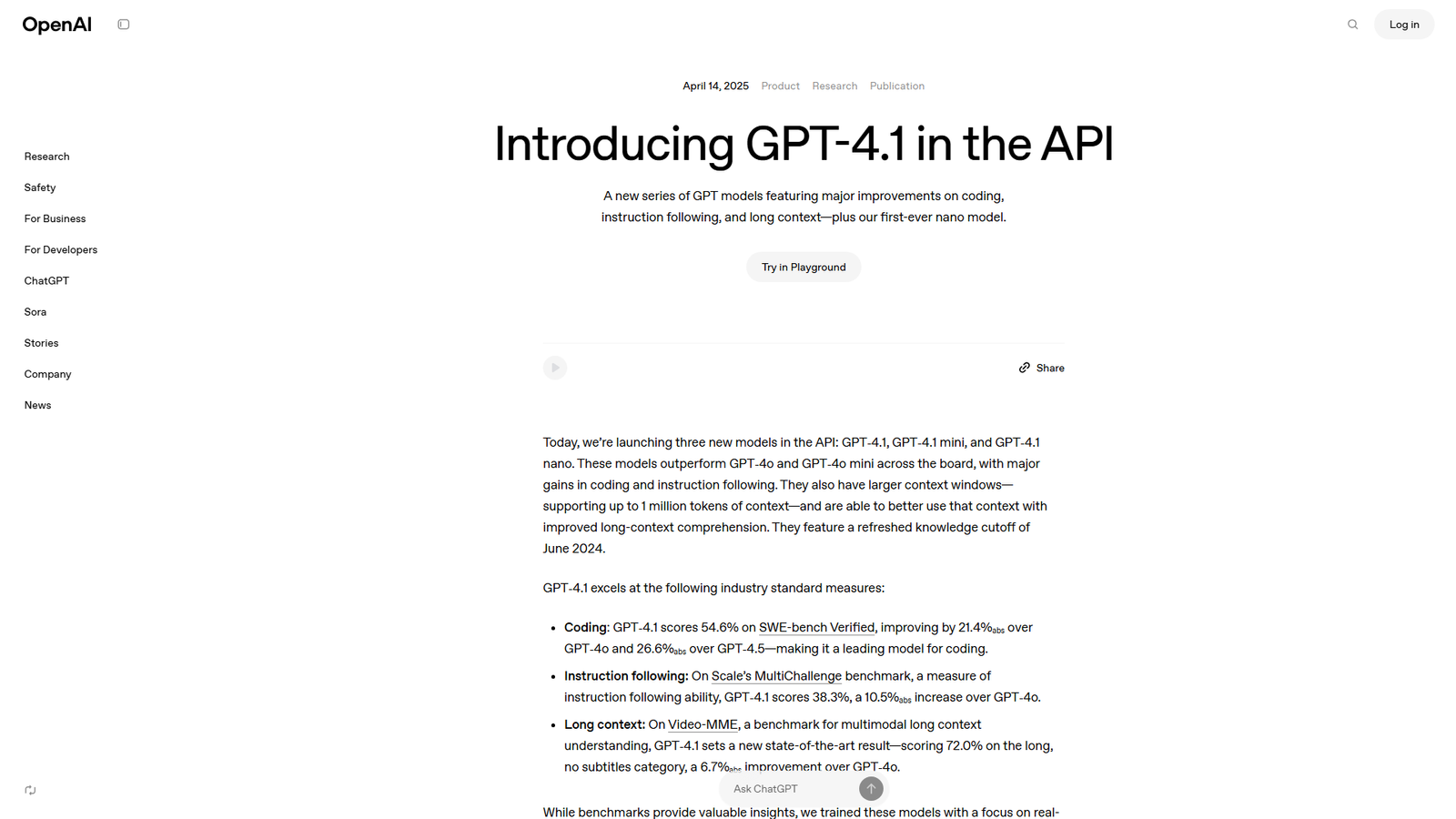 GPT-4.1 in the API Screenshot